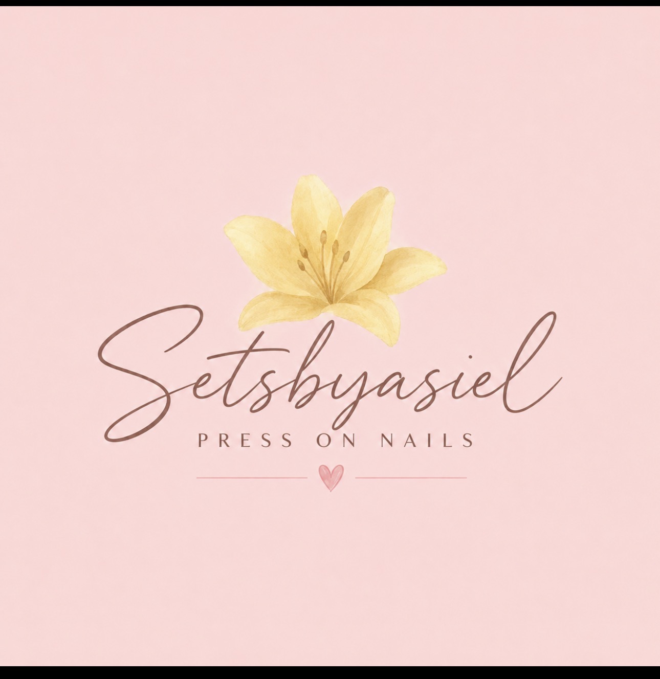 Setsbyasiel press-on nails logo with a yellow flower and pink heart